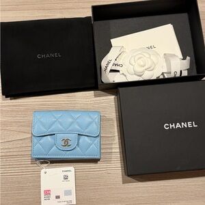 CHANEL CC Quilted Caviar Leather Flap Card Holder Wallet Blue Gold Hardware 23A